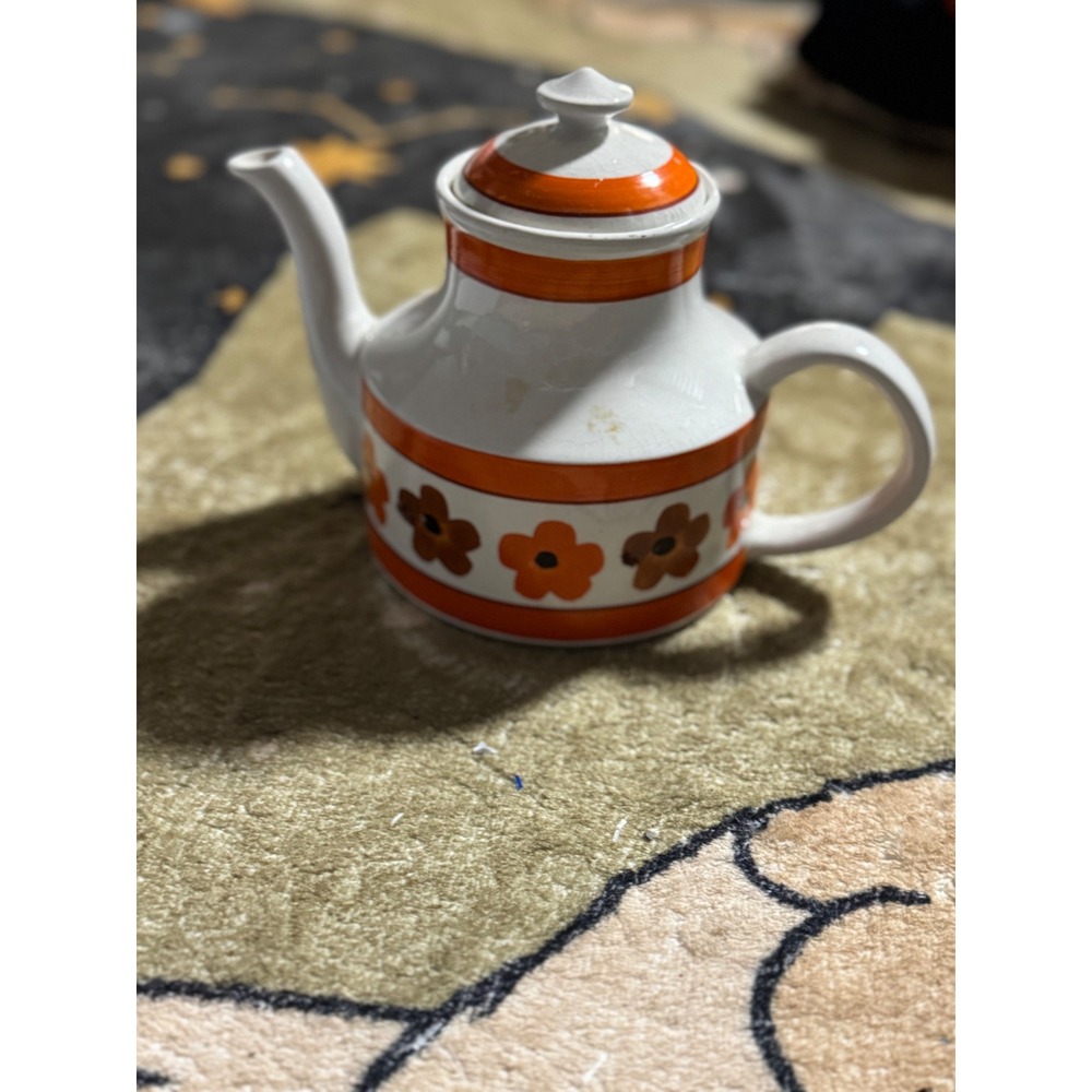 Arthur Wood England Teapot Retro Floral Orange White Ceramic Coffee decor only‎
